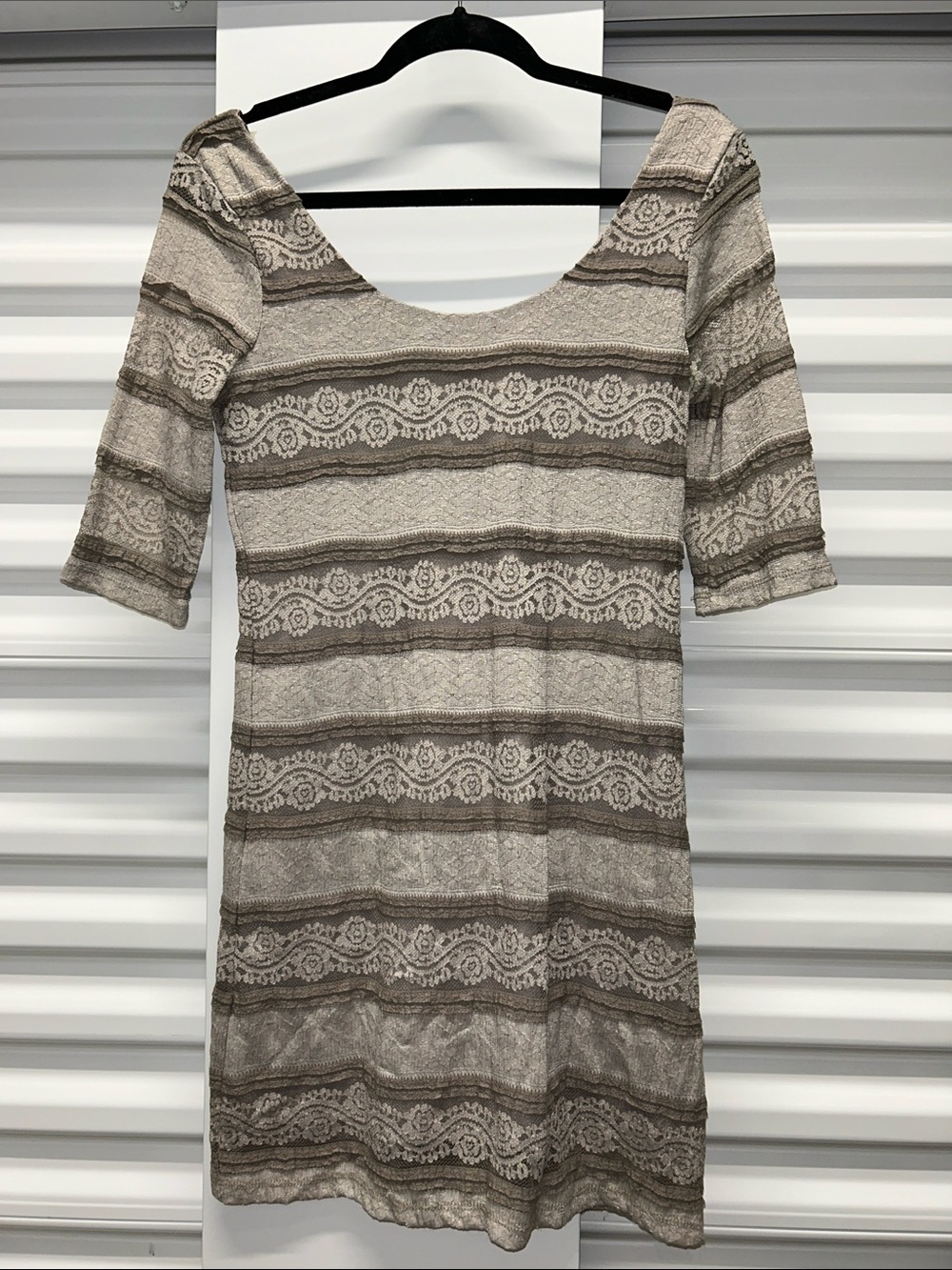 As U Wish Neutral Lace-Stripe Scoop Mini Dress in Taupe and Cream